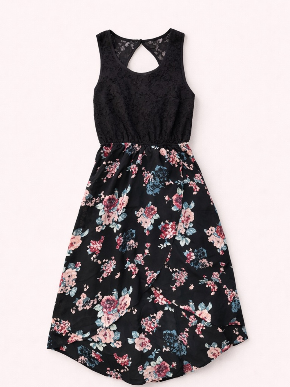 Kismet Black Lace Bodice Floral Asymmetrical Midi Dress